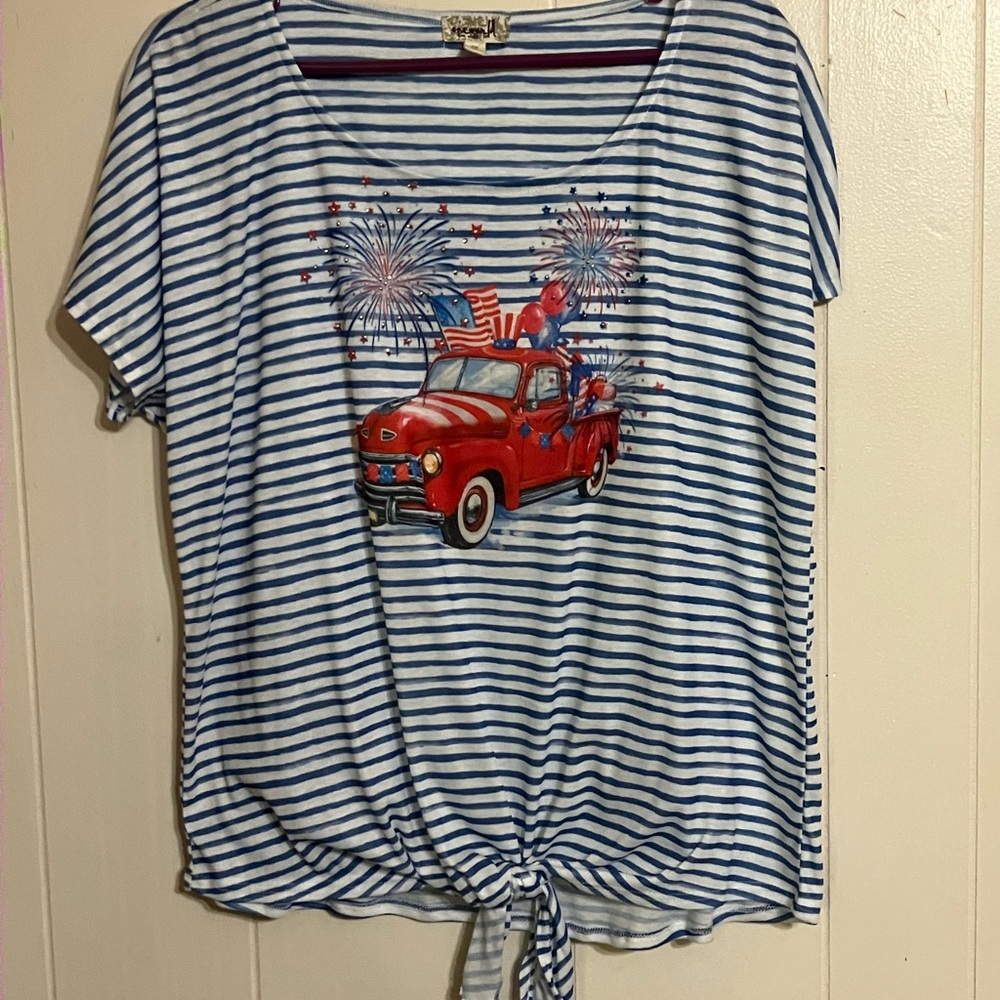 ONE WORLD Blue and White Striped Top with Red Truck Design